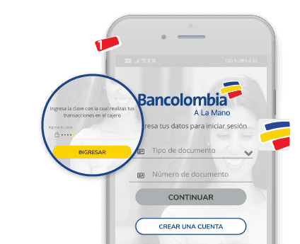 Aplicación Bancolombia A la Mano. ingreso de tipo de documento el y número de documento.