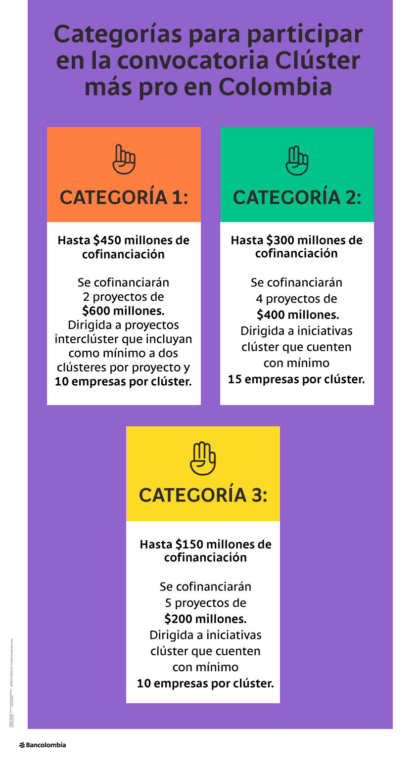 Categorías para participar en la convocatoria Clúster más pro en Colombia