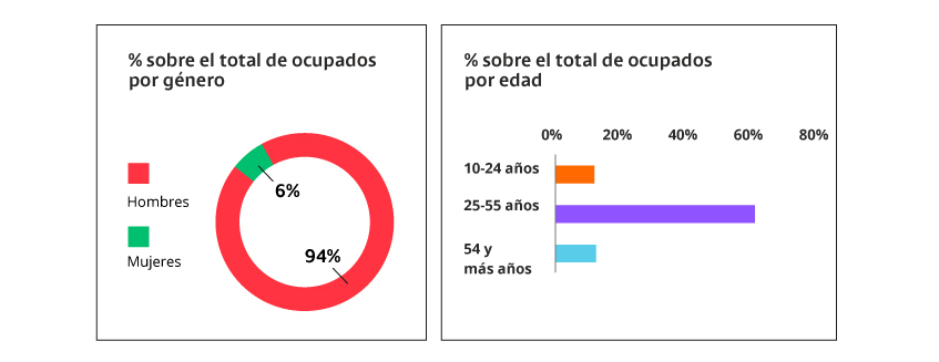 Estos son los porcentajes de participación en la construcción en Colombia por género y edad.