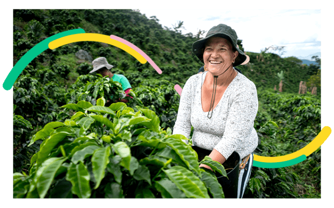 Foto de mujer adulta sonriente recogiendo café, feliz porque conoció los beneficios del crédito agropecuario para mujeres con Bancolombia