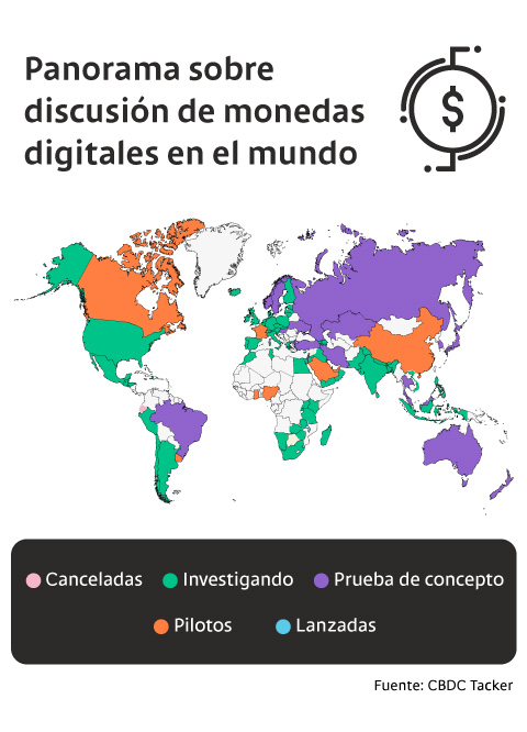 Así está el mapa sobre discusión de monedas digitales en el mundo.