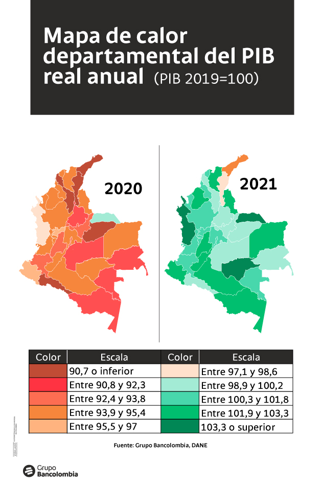 Mapa de calor departamental del PIB real anual 2020-2021