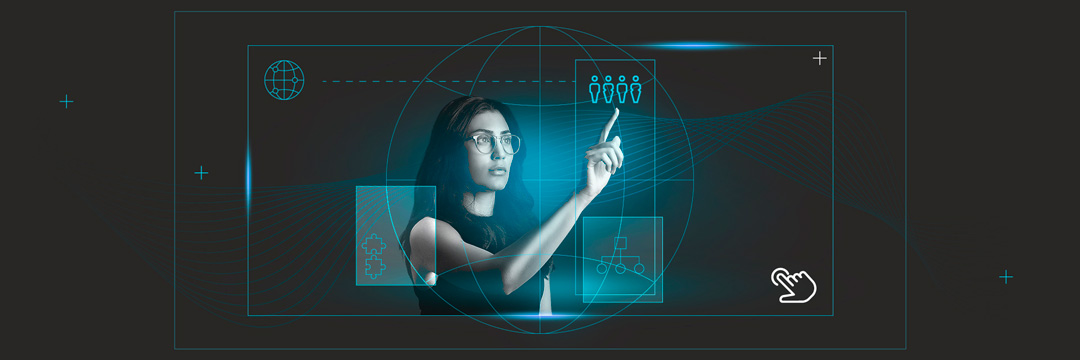 Imagen con tono azul de una mujer viendo iconos en una pantalla digital mientras toca el de varias personas y que representa el pilar &ldquo;Liderazgo que transforma culturas&rdquo;.