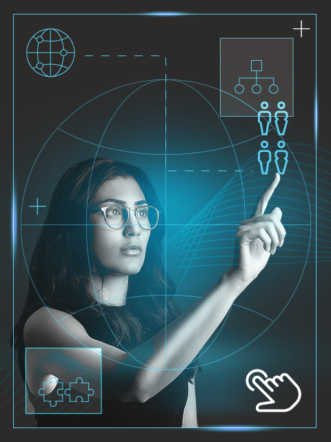 Imagen con tono azul de una mujer viendo iconos en una pantalla digital mientras toca el de varias personas y que representa el pilar &ldquo;Liderazgo que transforma culturas&rdquo;.