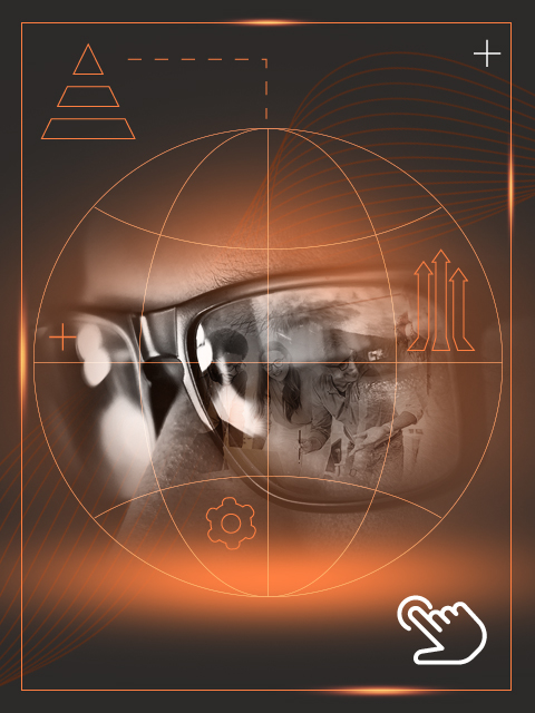 Imagen con tono naranja del primer primerísimo plano de las gafas de un hombre observando a un equipo y que representa el pilar &ldquo;Talento en alto rendimiento sostenible&rdquo;