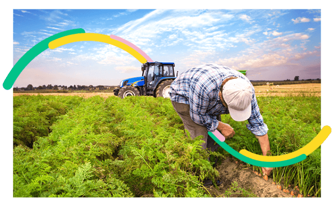 Foto de hombre campesino colombiano en su finca, revisando su cultivo y labrando la tierra ya que obtuvo un crédito Finagro con Bancolombia 