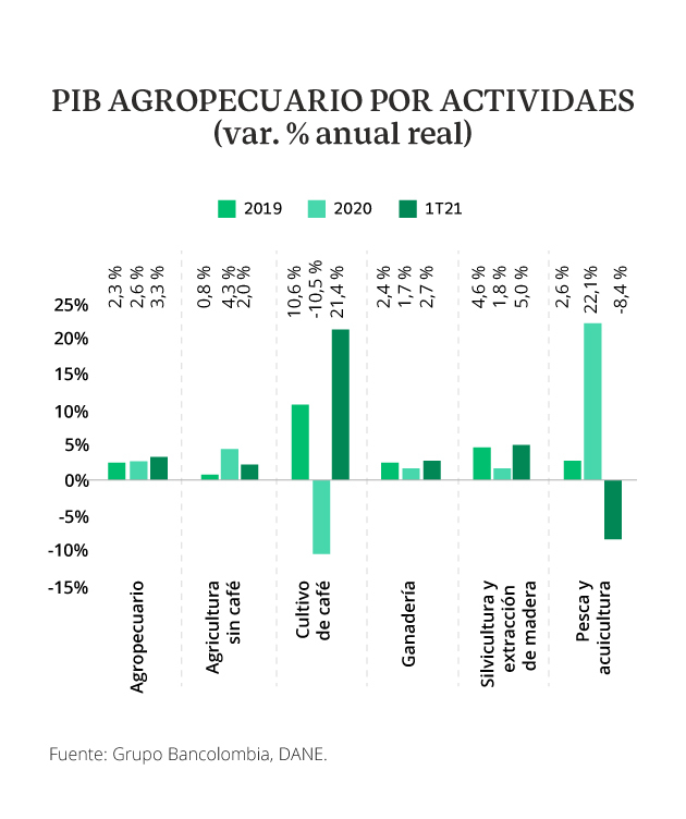 Gráfica comparativa del PIB agropecuario por actividades medido en variación del porcentaje anual real.