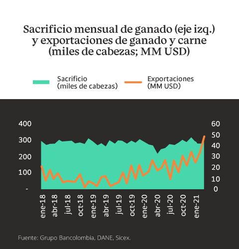 Gráfica con el desempeño del sacrificio mensual de ganado vacuno y las exportaciones de ganado y carne en Colombia desde enero de 2018 a marzo de 2021